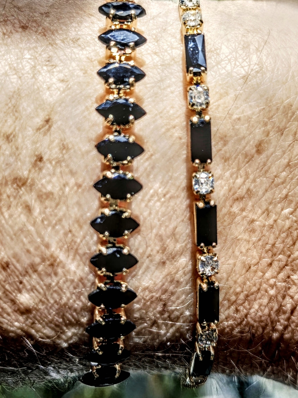 Gold Bracelet Duo with Black and Clear Stones - Women's Jewelry